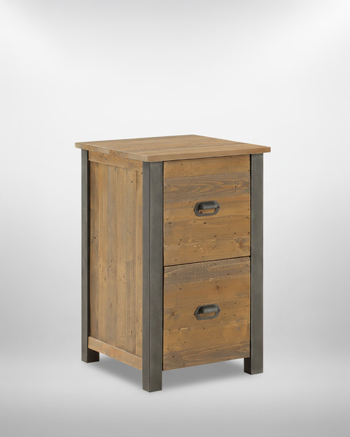 Hulstone Industrial Reclaimed Two Drawer Filing Cabinet WFS-BH-HUL07A, a rustic wooden cabinet with two drawers and black handles, featuring a modern metal frame. Hulstone Industrial Reclaimed Two Drawer Filing Cabinet WFS-BH-HUL07A, a rustic wooden cabinet with two drawers and black handles, featuring a modern metal frame.