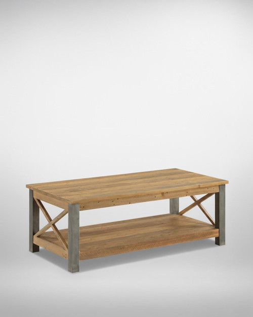 Urban Elegance Reclaimed Coffee Table VPR08A, a rustic wooden coffee table with a lower shelf and metal legs, ideal for modern and industrial home decor. Urban Elegance Reclaimed Coffee Table VPR08A, a rustic wooden coffee table with a lower shelf and metal legs, ideal for modern and industrial home decor.