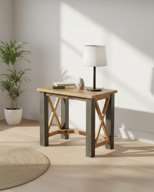 Hulstone Industrial Reclaimed Open Front Side / Lamp Table WFS-BH-HUL08B, a modern rustic furniture piece featuring a wooden top and open frame with reclaimed wood and metal accents. Hulstone Industrial Reclaimed Open Front Side / Lamp Table WFS-BH-HUL08B, a modern rustic furniture piece featuring a wooden top and open frame with reclaimed wood and metal accents.