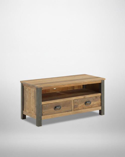 Urban Elegance Reclaimed Widescreen TV Cabinet VPR09A, a rustic wooden TV stand with two drawers and metal handles, featuring a natural reclaimed wood finish and sturdy metal legs. Urban Elegance Reclaimed Widescreen TV Cabinet VPR09A, a rustic wooden TV stand with two drawers and metal handles, featuring a natural reclaimed wood finish and sturdy metal legs.