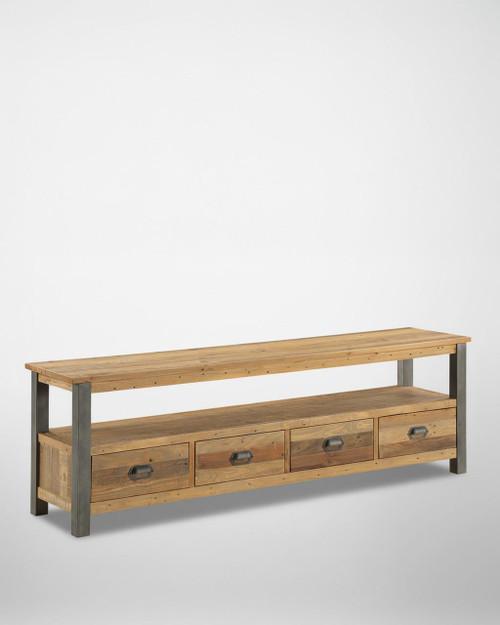 Urban Elegance Reclaimed Extra Large Widescreen TV unit VPR09B, wooden TV stand with four drawers and a spacious top surface, industrial-style metal legs, and rustic finish.