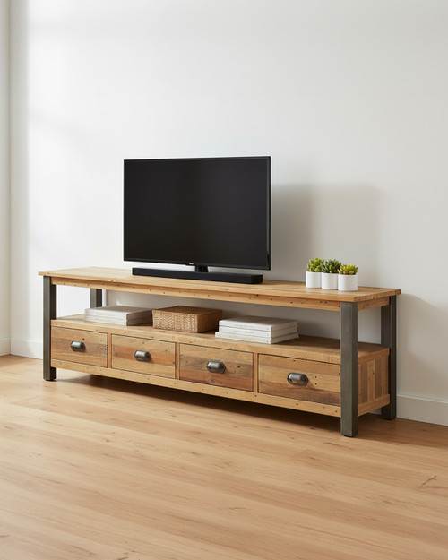 Hulstone Industrial Reclaimed Extra Large Widescreen TV unit WFS-BH-HUL09B, wooden TV stand with four drawers and a spacious top surface, industrial-style metal legs, and rustic finish. Hulstone Industrial Reclaimed Extra Large Widescreen TV unit WFS-BH-HUL09B, wooden TV stand with four drawers and a spacious top surface, industrial-style metal legs, and rustic finish.