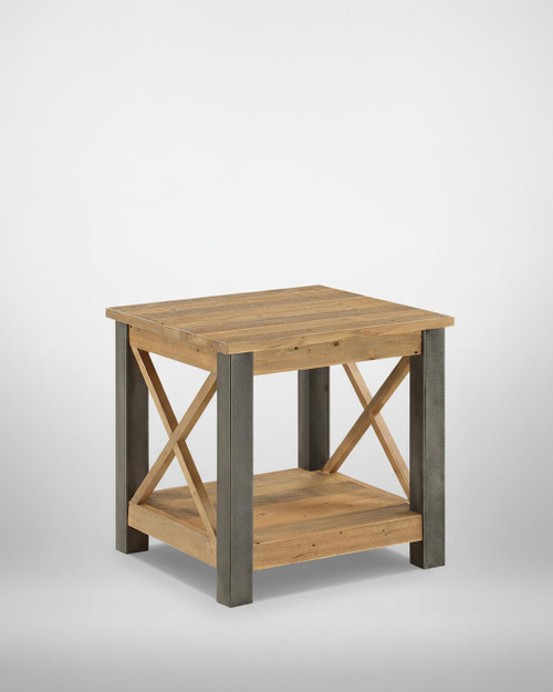 Urban Elegance Reclaimed Lamp Table VPR10A, a square wooden side table with a bottom shelf and metal cross braces on the sides.