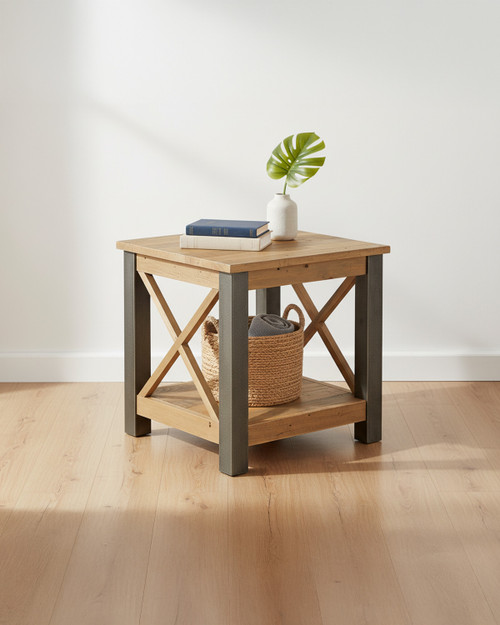 Hulstone Industrial Reclaimed Lamp Table WFS-BH-HUL10A, a square wooden side table with a bottom shelf and metal cross braces on the sides. Hulstone Industrial Reclaimed Lamp Table WFS-BH-HUL10A, a square wooden side table with a bottom shelf and metal cross braces on the sides.
