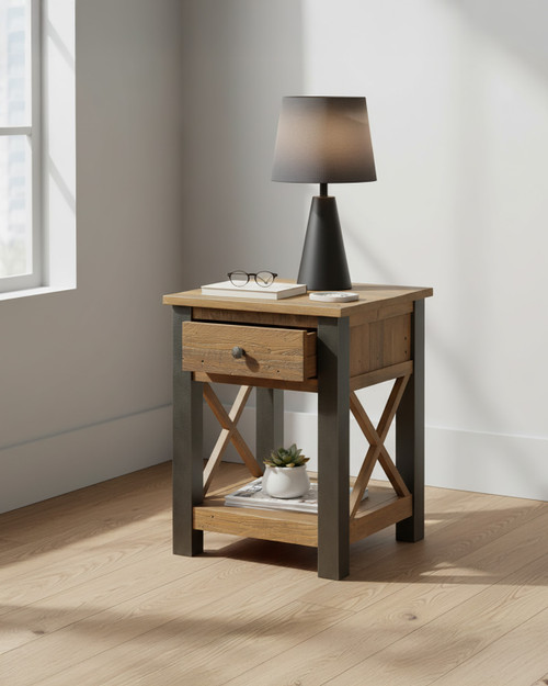 Hulstone Industrial Reclaimed Lamp Table With Drawer WFS-BH-HUL10B, rustic wooden side table with a drawer and lower shelf, metal legs and accents. Hulstone Industrial Reclaimed Lamp Table With Drawer WFS-BH-HUL10B, rustic wooden side table with a drawer and lower shelf, metal legs and accents.