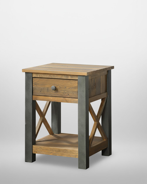 Hulstone Industrial Reclaimed Lamp Table With Drawer WFS-BH-HUL10B, rustic wooden side table with a drawer and lower shelf, metal legs and accents. Hulstone Industrial Reclaimed Lamp Table With Drawer WFS-BH-HUL10B, rustic wooden side table with a drawer and lower shelf, metal legs and accents.