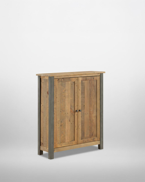 Urban Elegance Reclaimed Small Shoe Storage Cupboard VPR20A, wooden cupboard with dual doors and metal frame, used for shoe storage and home organization. Urban Elegance Reclaimed Small Shoe Storage Cupboard VPR20A, wooden cupboard with dual doors and metal frame, used for shoe storage and home organization.