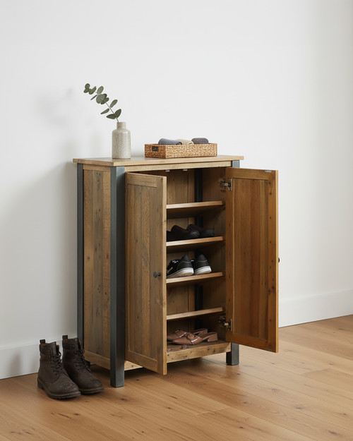 Hulstone Industrial Reclaimed Small Shoe Storage Cupboard WFS-BH-HUL20A, wooden cupboard with dual doors and metal frame, used for shoe storage and home Hulstone Industrial Reclaimed Small Shoe Storage Cupboard WFS-BH-HUL20A, wooden cupboard with dual doors and metal frame, used for shoe storage and home
