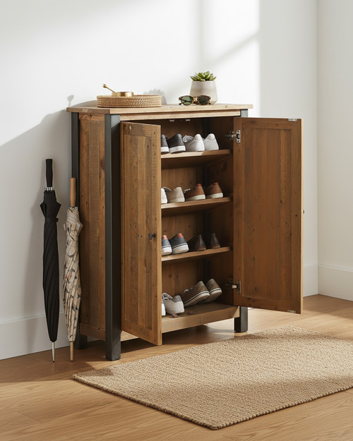 Hulstone Industrial Reclaimed Large Shoe Storage Cupboard WFS-BH-HUL20B, wooden shoe storage cupboard with reclaimed wood finish and metal accents. Hulstone Industrial Reclaimed Large Shoe Storage Cupboard WFS-BH-HUL20B, wooden shoe storage cupboard with reclaimed wood finish and metal accents.