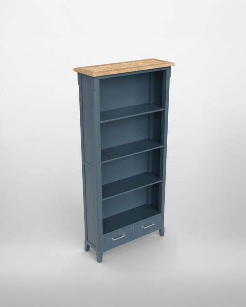 Signature Blue Tall Bookcase CFR01B, blue wooden bookshelf with three open shelves and two small drawers at the bottom, topped with a light wood finish. Signature Blue Tall Bookcase CFR01B, blue wooden bookshelf with three open shelves and two small drawers at the bottom, topped with a light wood finish.
