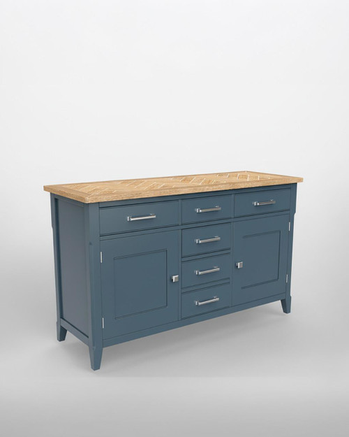 Signature Blue Large Sideboard CFR02A, a stylish blue sideboard with a natural wood top, featuring multiple drawers and cabinet storage with silver handles.
