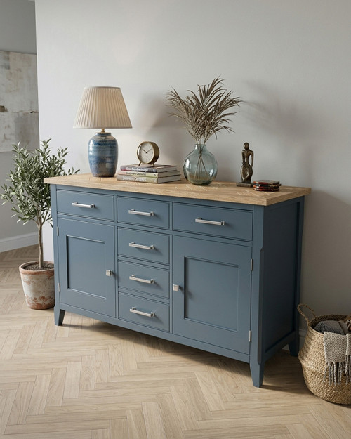 Anchorage Blue Large Sideboard WFS-BH-ANC02A, a stylish blue sideboard with a natural wood top, featuring multiple drawers and cabinet storage with silver handles.