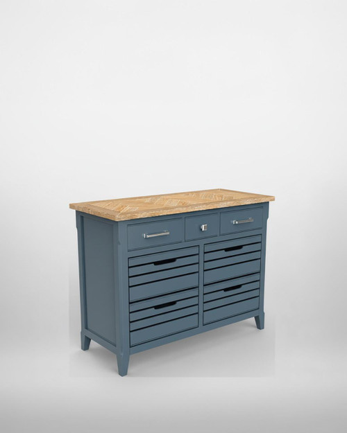 Signature Blue Sideboard / Servery CFR02C, a stylish blue sideboard with a natural wood top, featuring drawers and slatted cabinet doors for storage.
