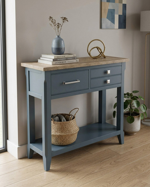 Anchorage Blue Reclaimed Small Console Table WFS-BH-ANC02D, showing a stylish console table with a wooden top and blue painted finish on the body and legs.