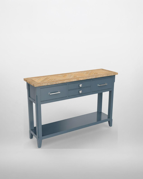 Signature Blue Console Table CFR02E, a stylish blue wooden console table with a natural wood top, three drawers with metallic handles, and an open lower shelf for additional storage. Signature Blue Console Table CFR02E, a stylish blue wooden console table with a natural wood top, three drawers with metallic handles, and an open lower shelf for additional storage.