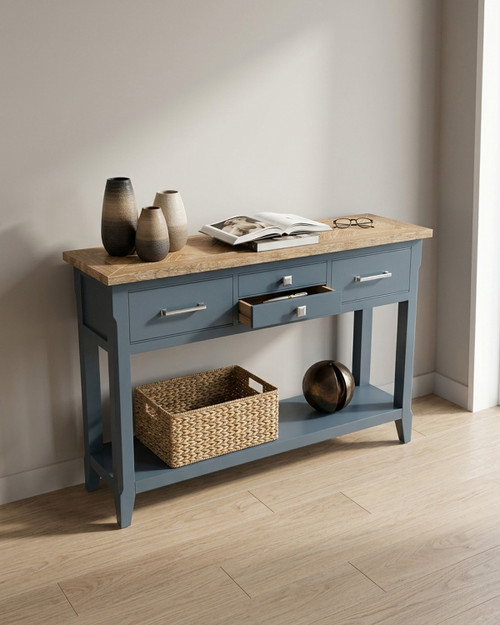 Anchorage Blue Console Table WFS-BH-ANC02E, a stylish blue wooden console table with a natural wood top, three drawers with metallic handles, and an open lower shelf for additional storage.