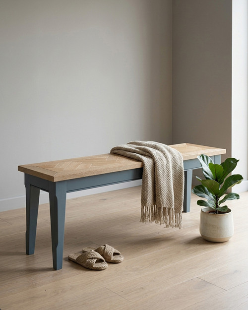 Anchorage Blue Dining Bench (130cm) - WFS-BH-ANC03A, wooden top with a blue painted base, modern design with four sturdy legs, ideal for dining room or kitchen.