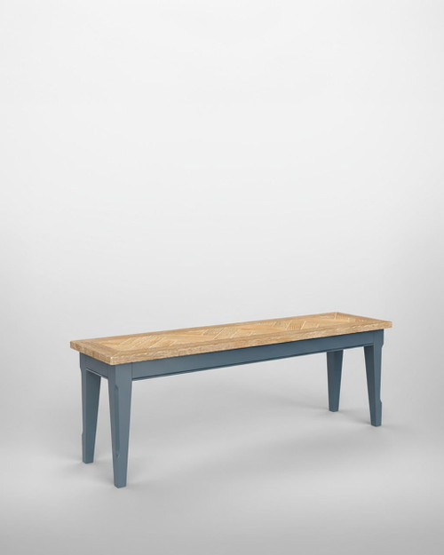 Signature Blue Dining Bench (130cm), wooden top with a blue painted base, modern design with four sturdy legs, ideal for dining room or kitchen. Signature Blue Dining Bench (130cm), wooden top with a blue painted base, modern design with four sturdy legs, ideal for dining room or kitchen.