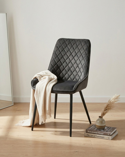 Anchorage Blue Dining Chair, Pack of Two - Gun Metal Grey, WFS-BH-ANC03C, modern dining chair with quilted upholstery and sleek black legs.
