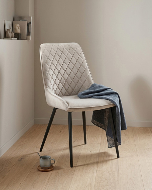 Anchorage Blue Dining Chair, Pack of Two - MINK - WFS-BH-ANC03D, beige upholstered dining chairs with diamond quilted pattern and black tapered legs.