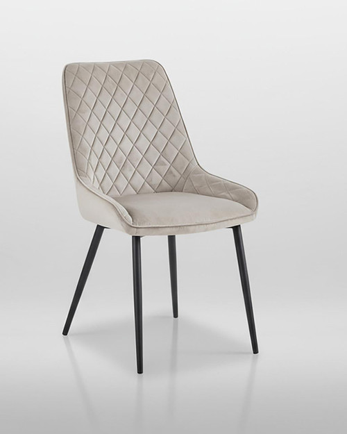 Signature Blue Dining Chair, Pack of Two - MINK, beige upholstered dining chairs with diamond quilted pattern and black tapered legs. Signature Blue Dining Chair, Pack of Two - MINK, beige upholstered dining chairs with diamond quilted pattern and black tapered legs.