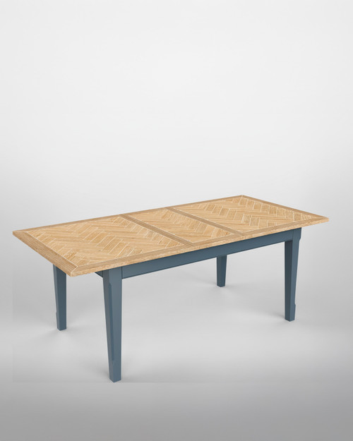 Anchorage Blue Extending Dining Table WFS-BH-ANC04A, a modern dining table with a light wooden top and blue legs, in an extended position.