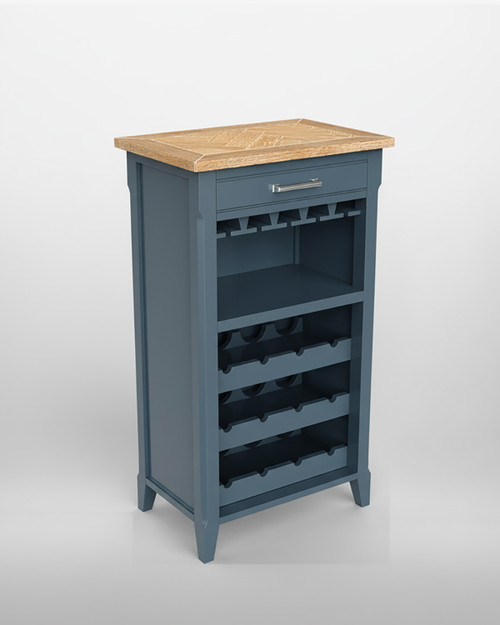 Anchorage Blue Wine Rack / Glass Storage Cabinet WFS-BH-ANC05A, Blue wine rack with wooden top and multiple wine bottle slots and glass holder.