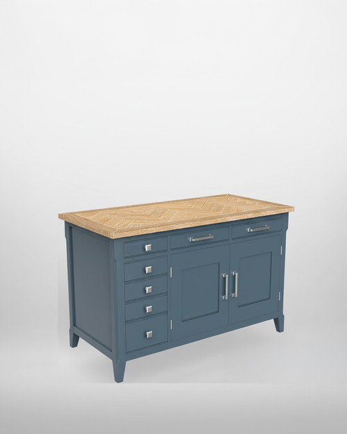Anchorage Blue Hidden Home Office Desk WFS-BH-ANC06A, versatile blue desk with a natural wood top, multiple storage drawers, and open cabinets suitable for home office use.