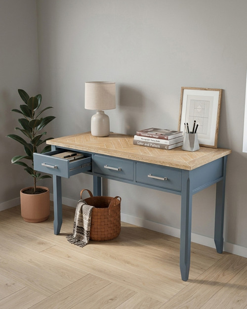 Anchorage Blue Desk / Dressing Table WFS-BH-ANC06C, a stylish study desk with a blue finish, wooden top, and a raised wooden shelf for organisation.