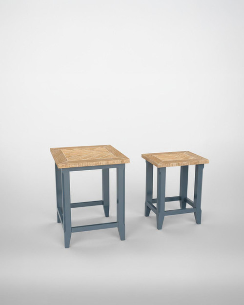 Signature Blue Nest of Two Tables CFR08B, set of two small accent tables with wooden tops and blue painted legs suitable for living room or bedroom decor.