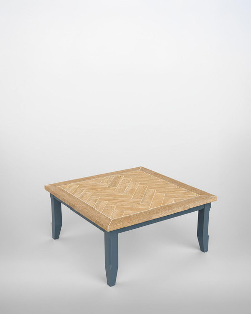 Signature Blue Square Open Coffee Table CFR08C, a modern square coffee table with a wooden top and blue painted legs. Signature Blue Square Open Coffee Table CFR08C, a modern square coffee table with a wooden top and blue painted legs.