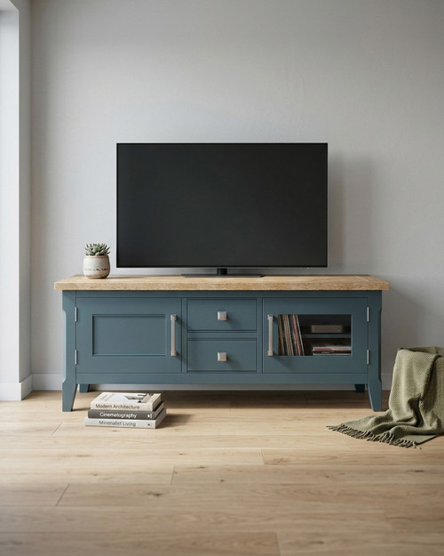 Anchorage Blue Widescreen Television Stand WFS-BH-ANC09A, a stylish media console with a blue finish and natural wood top design.