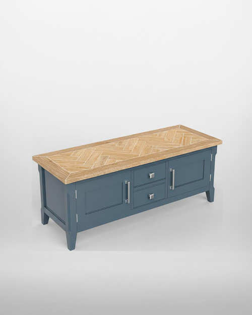 Signature Blue Widescreen Television Stand CFR09A, a stylish media console with a blue finish and natural wood top design. Signature Blue Widescreen Television Stand CFR09A, a stylish media console with a blue finish and natural wood top design.