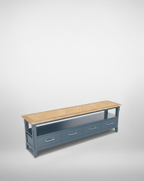 Signature Blue Large Widescreen Television Cabinet CFR09B, stylish blue TV stand with a wooden top and multiple drawers. Signature Blue Large Widescreen Television Cabinet CFR09B, stylish blue TV stand with a wooden top and multiple drawers.