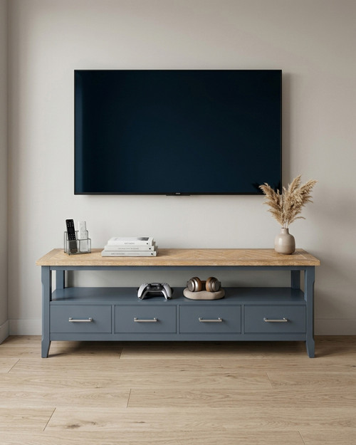 Anchorage Blue Large Widescreen Television Cabinet WFS-BH-ANC09B, stylish blue TV stand with a wooden top and multiple drawers.