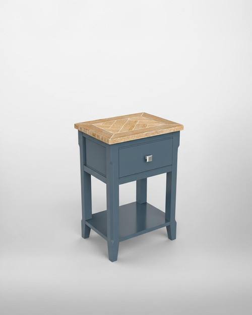 Signature Blue One Drawer Lamp Table CFR10A, a blue wooden side table with a natural wood top, single drawer with a modern silver handle, and lower shelf for additional storage.
