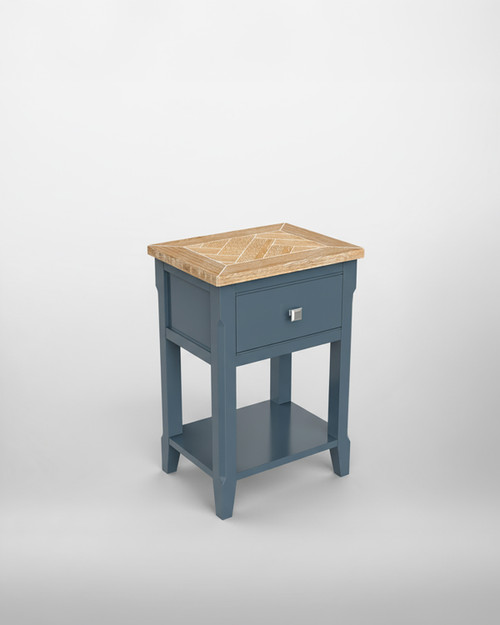 Anchorage Blue One Drawer Lamp Table WFS-BH-ANC10A, a blue wooden side table with a natural wood top, single drawer with a modern silver handle, and lower shelf for additional storage.