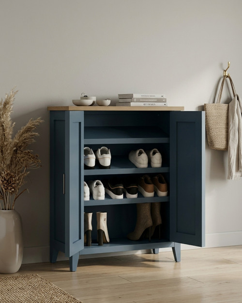 Anchorage Blue Shoe Storage Cupboard WFS-BH-ANC20A, blue shoe storage cabinet with wooden top and double doors.