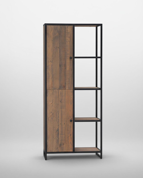 Ooki Tall Funky Bookcase VBR01D, a tall modern bookcase with a black metal frame and wooden shelves and cabinet door, minimalist design for stylish storage. Ooki Tall Funky Bookcase VBR01D, a tall modern bookcase with a black metal frame and wooden shelves and cabinet door, minimalist design for stylish storage.