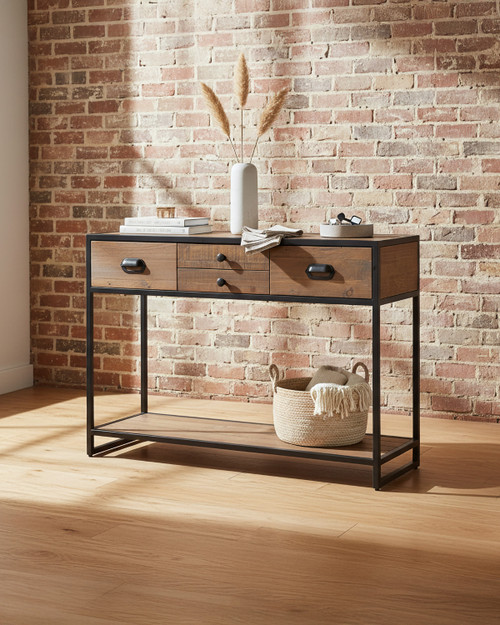 Hyloft Reclaimed Large Console Table WFS-BH-HYL02A, stylish modern console table with a wooden top, storage drawers, and a black metal frame, ideal for entryways or living rooms.