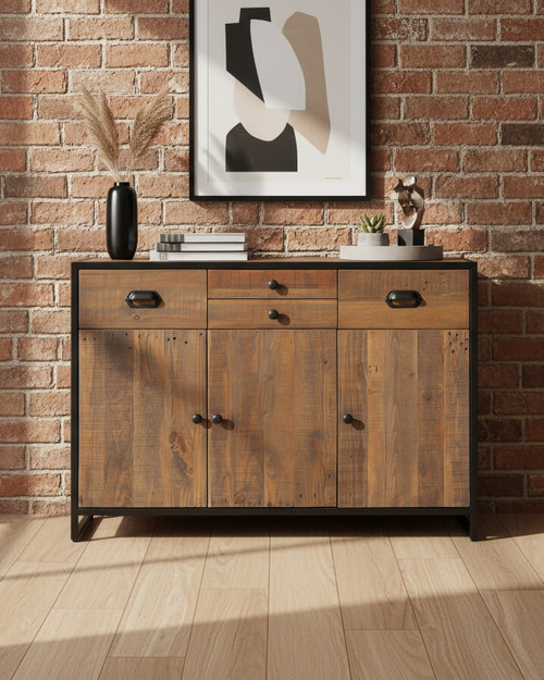 Hyloft Reclaimed Sideboard With 3 Doors & 4 Drawers WFS-BH-HYL02C, wooden sideboard with black metal frame and multiple storage compartments.