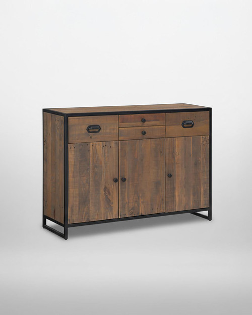 Ooki Sideboard With 3 Doors & 4 Drawers VBR02C, wooden sideboard with black metal frame and multiple storage compartments. Ooki Sideboard With 3 Doors & 4 Drawers VBR02C, wooden sideboard with black metal frame and multiple storage compartments.