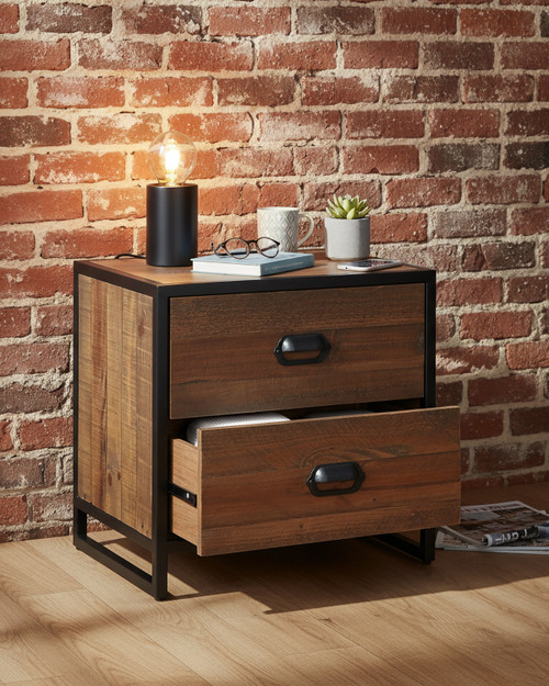 Hyloft Reclaimed Modular Low Chest of Drawers WFS-BH-HYL02M01, a two-drawer wooden storage unit with a black metal frame and handles, minimalist design.