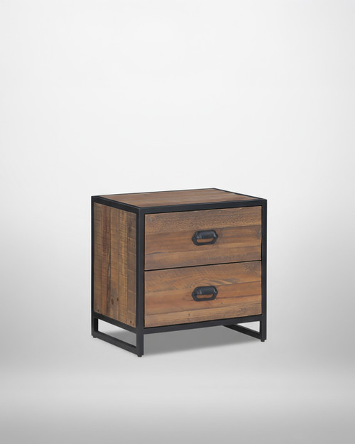 Hyloft Reclaimed Modular Low Chest of Drawers WFS-BH-HYL02M01, a two-drawer wooden storage unit with a black metal frame and handles, minimalist design.