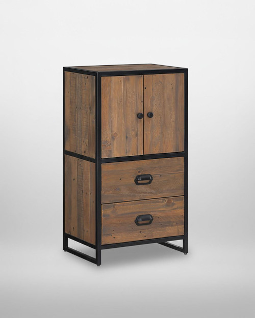 Ooki Modular Medium Cupboard with Doors VBR02M03, a wooden storage unit with black metal frame and handles, featuring two doors on the top and two drawers at the bottom.