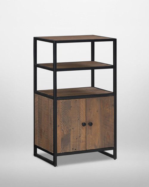 Ooki Modular Medium Cupboard with Doors & Shelves VBR02M04, black metal frame with wooden doors and open shelving space.