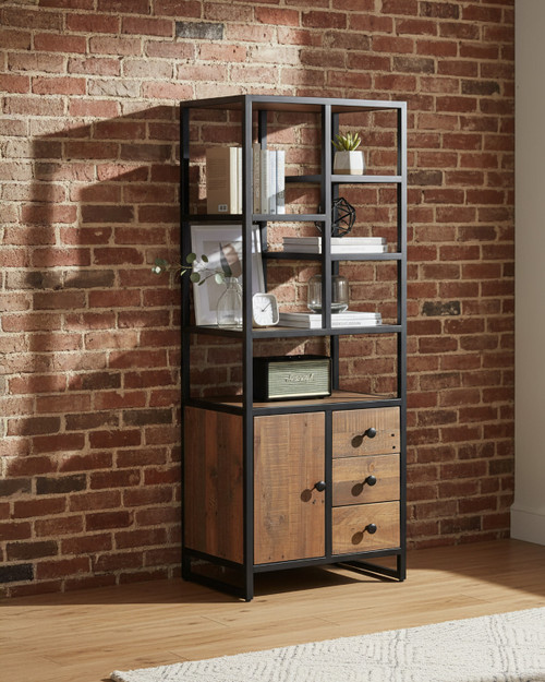 Hyloft Reclaimed Modular Tall Cupboard with doors, drawers, shelves WFS-BH-HYL02M05, black metal frame with wooden cabinet doors and drawers, modern storage furniture.