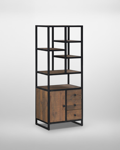 Hyloft Reclaimed Modular Tall Cupboard with doors, drawers, shelves WFS-BH-HYL02M05, black metal frame with wooden cabinet doors and drawers, modern storage furniture.