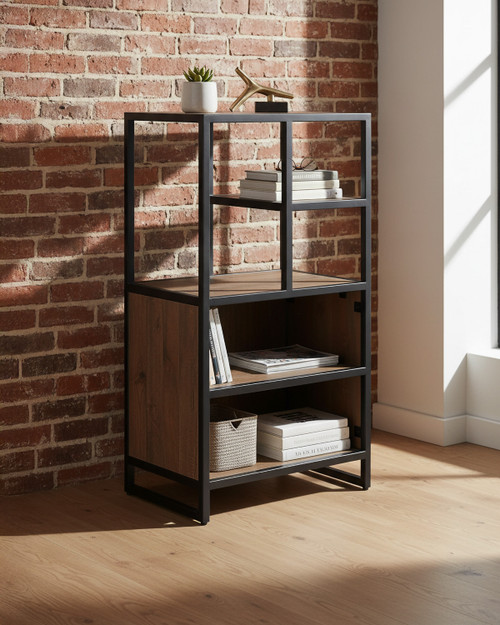 Hyloft Reclaimed Modular Tall Open Unit WFS-BH-HYL02M06, a modern furniture piece with a black metal frame, wooden shelves, and open compartments designed for versatile storage.