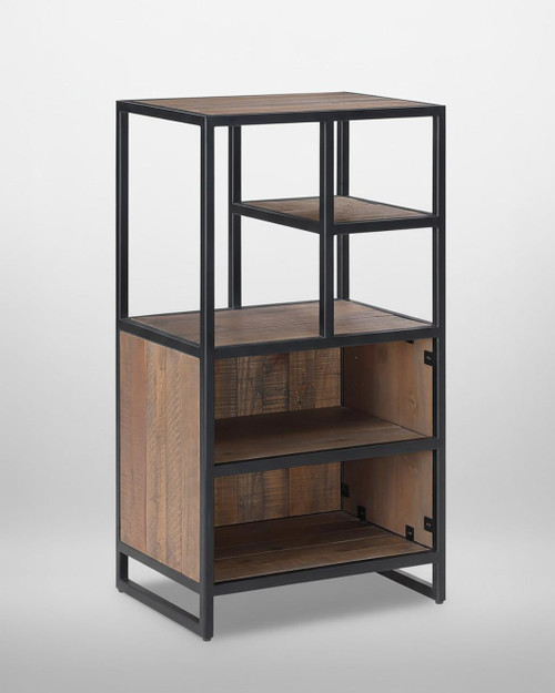 Ooki Modular Tall Open Unit VBR02M06, a modern furniture piece with a black metal frame, wooden shelves, and open compartments designed for versatile storage.